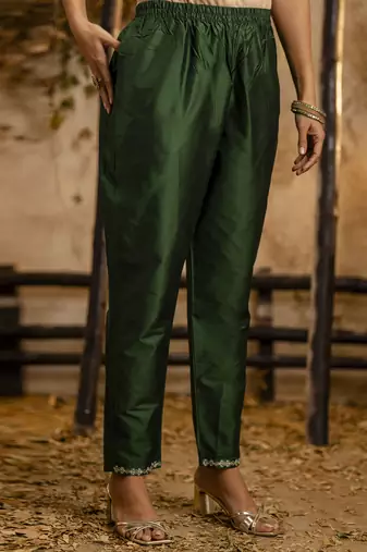Silk blend dark green casual wear embroidery work kurta set