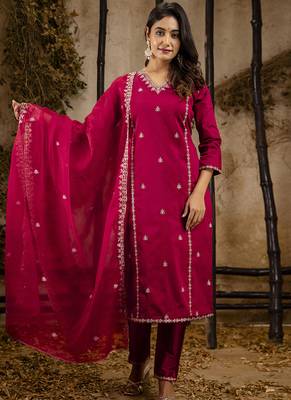 Silk blend pink casual wear embroidery work kurta set 1