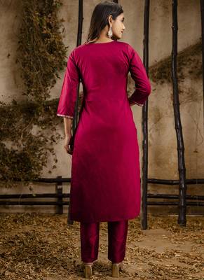 Silk blend pink casual wear embroidery work kurta set 3