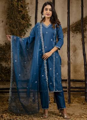 Silk blend navy blue casual wear embroidery work kurta set 1