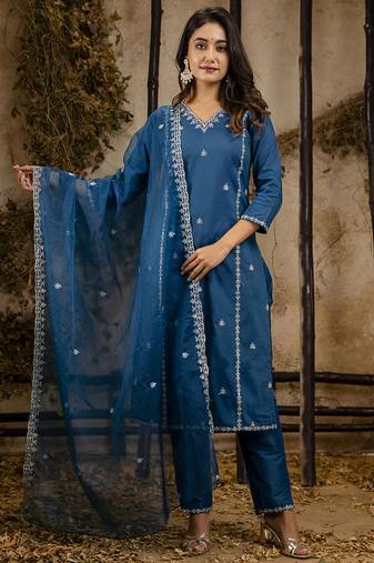 Silk blend navy blue casual wear embroidery work kurta set