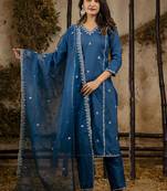 Silk blend navy blue casual wear embroidery work kurta set