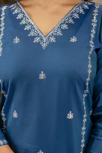 Silk blend navy blue casual wear embroidery work kurta set