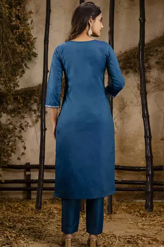 Silk blend navy blue casual wear embroidery work kurta set