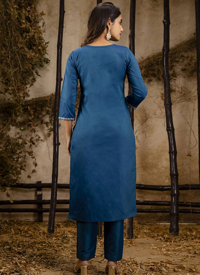 Silk blend navy blue casual wear embroidery work kurta set