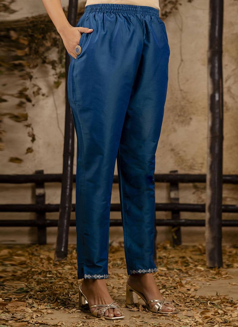 Silk blend navy blue casual wear embroidery work kurta set