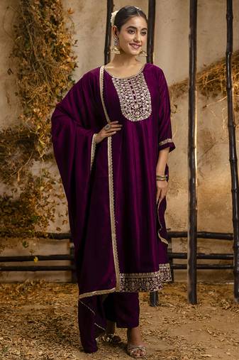 Silk blend wine party wear embroidery work kurta set
