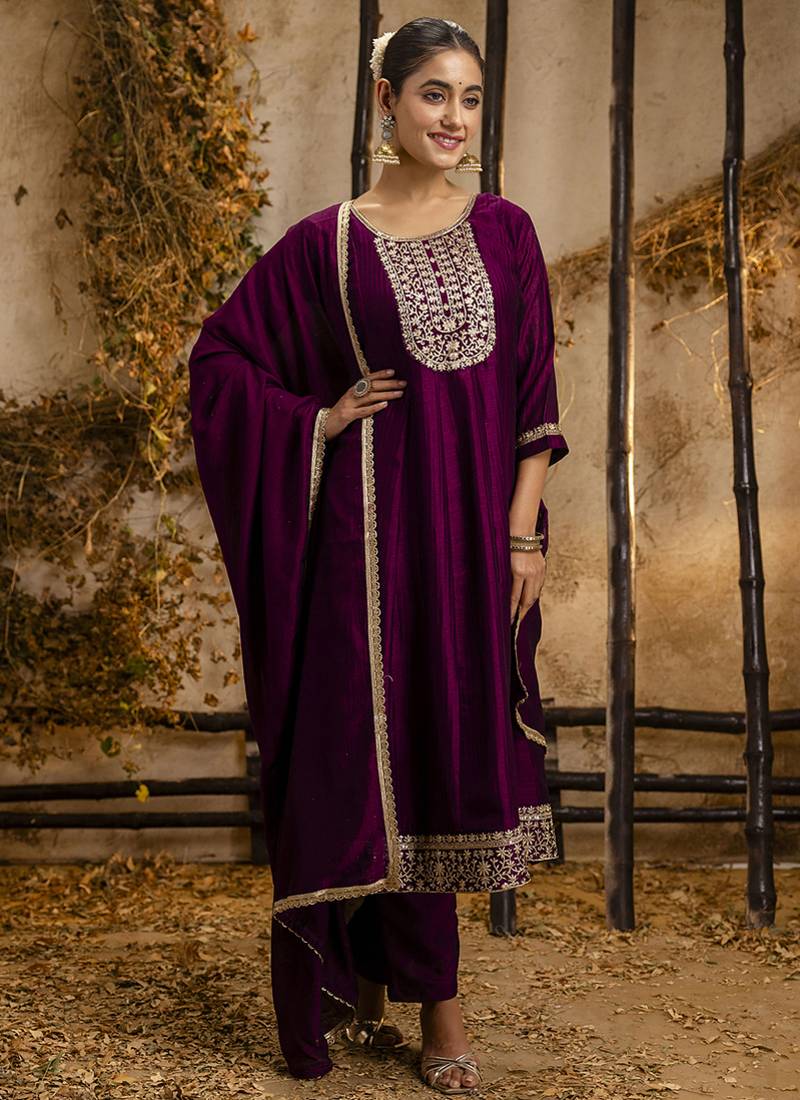 Silk blend wine party wear embroidery work kurta set