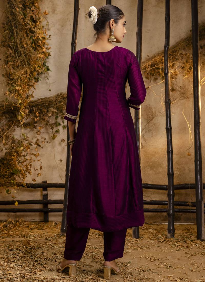 Silk blend wine party wear embroidery work kurta set