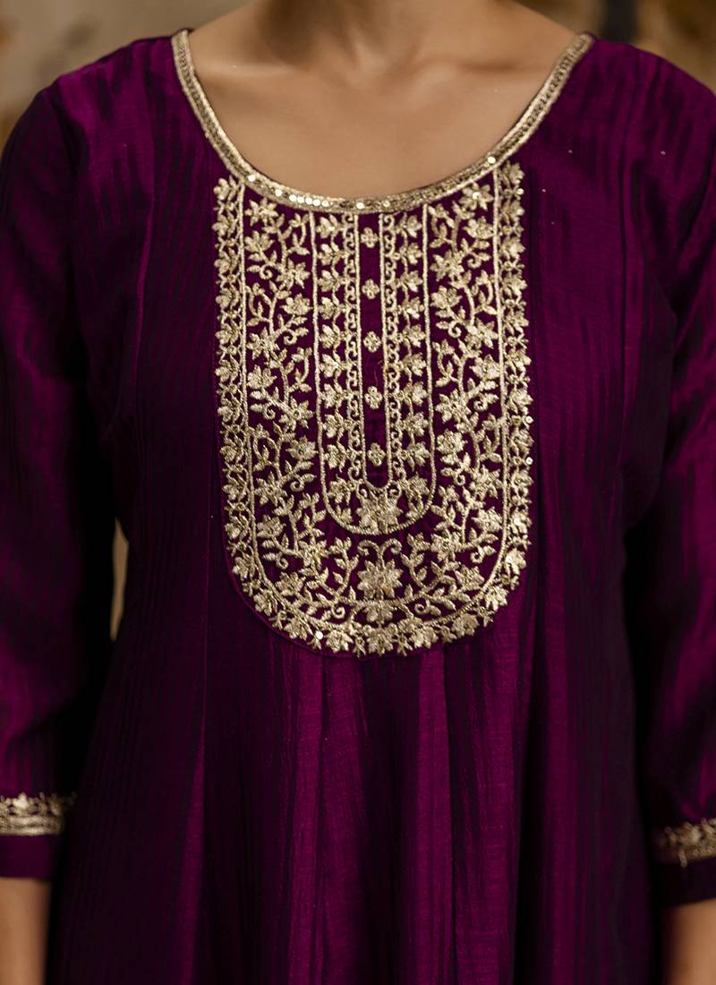 Silk blend wine party wear embroidery work kurta set