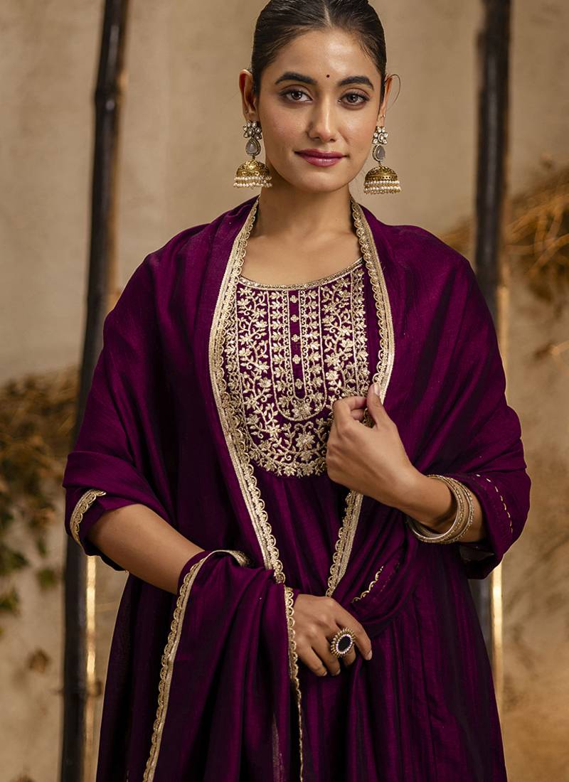 Silk blend wine party wear embroidery work kurta set