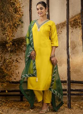 Silk blend yellow party wear embroidery work kurta set 1
