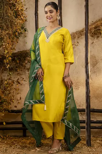 Silk blend yellow party wear embroidery work kurta set