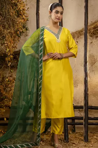 Silk blend yellow party wear embroidery work kurta set