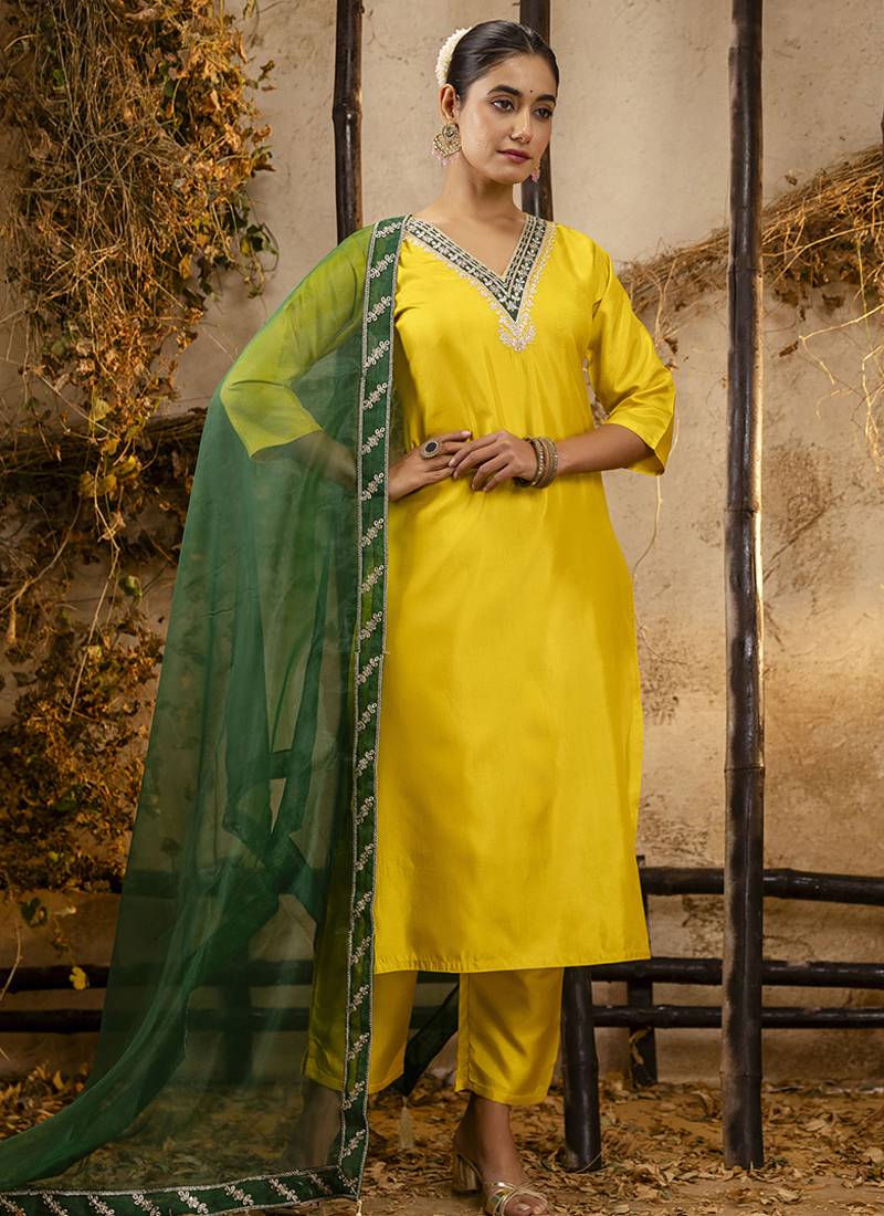 Silk blend yellow party wear embroidery work kurta set