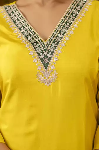 Silk blend yellow party wear embroidery work kurta set