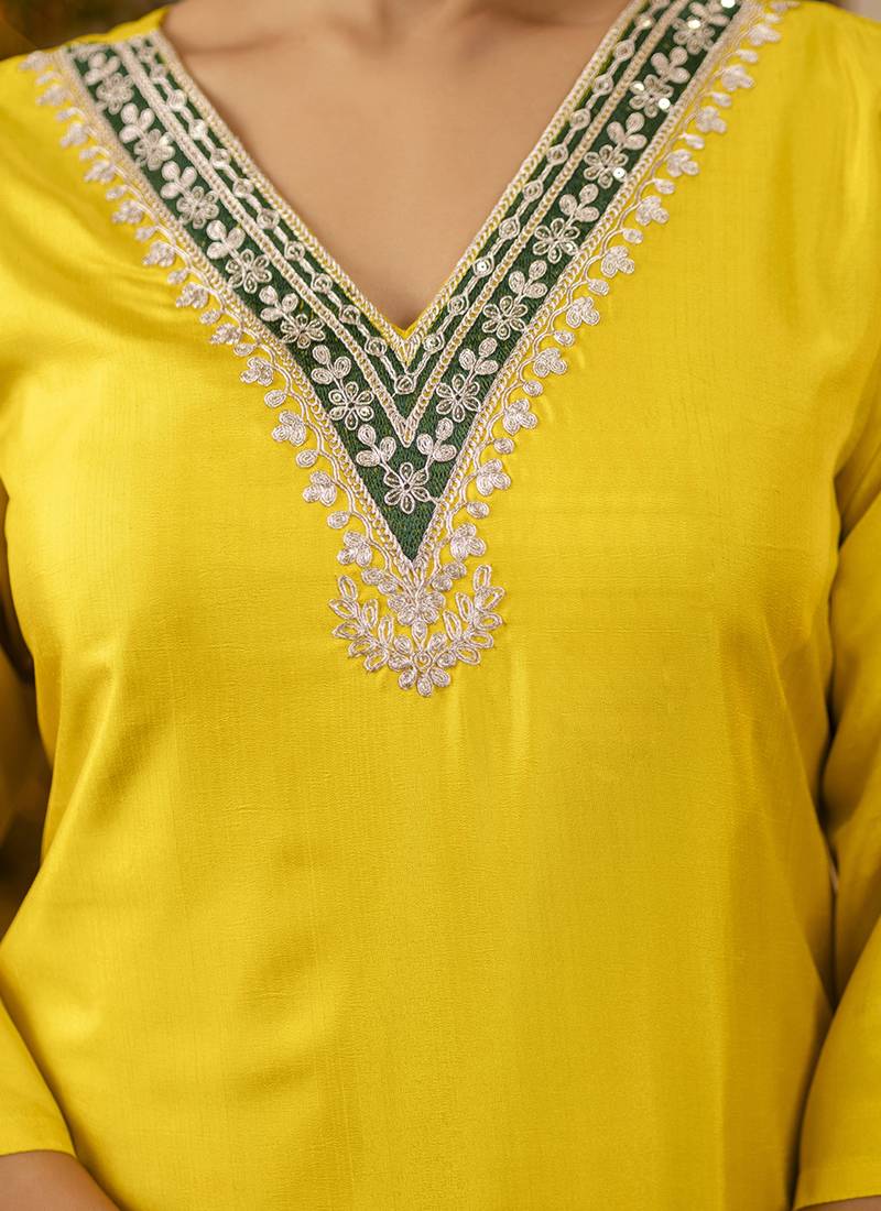 Silk blend yellow party wear embroidery work kurta set
