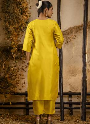 Silk blend yellow party wear embroidery work kurta set 4