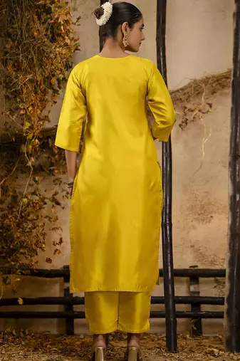 Silk blend yellow party wear embroidery work kurta set