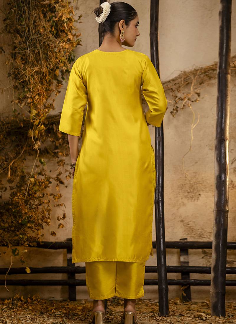 Silk blend yellow party wear embroidery work kurta set
