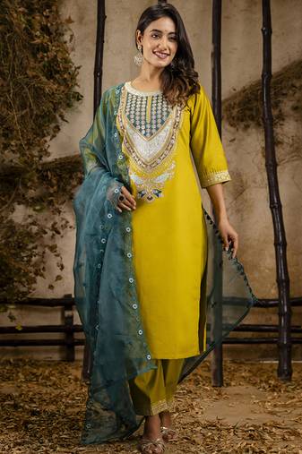 Viscose yellow festival wear embroidery work kurta set