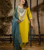 Viscose yellow festival wear embroidery work kurta set