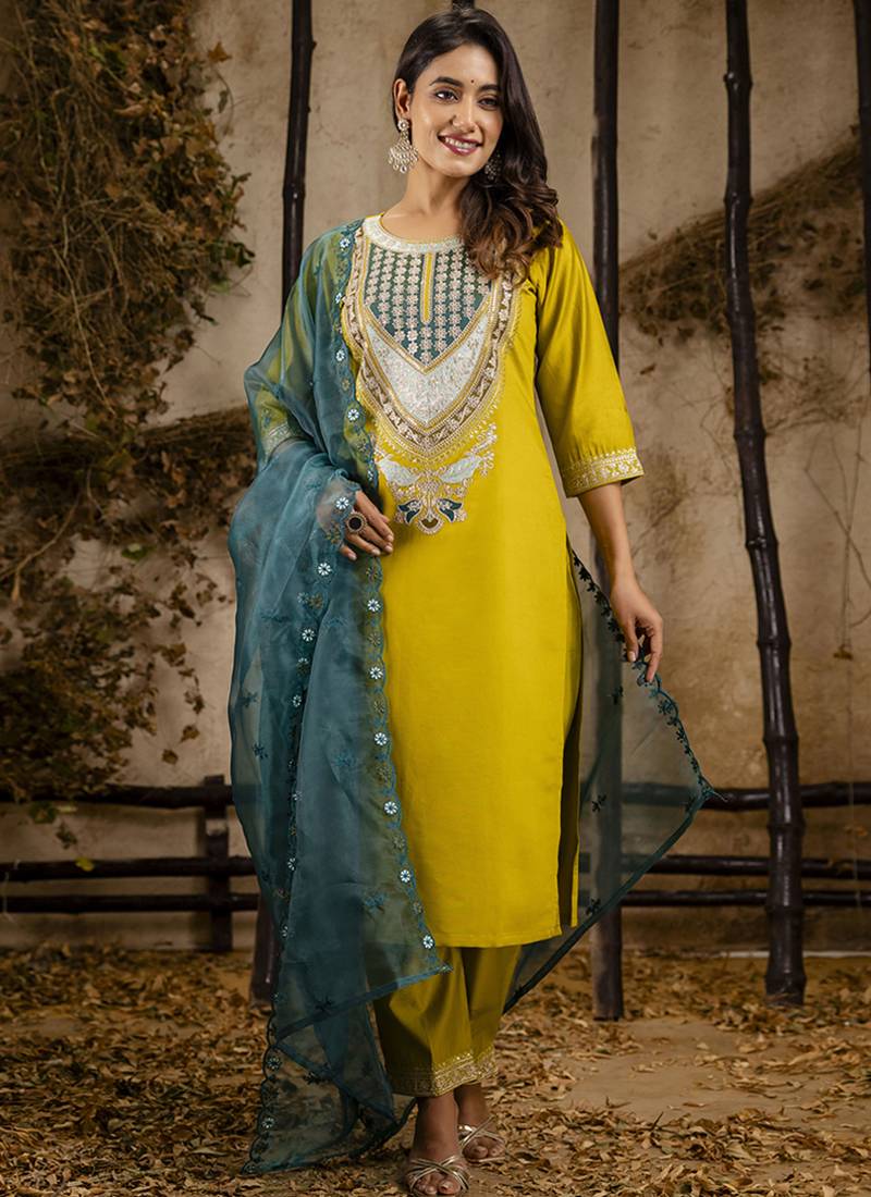 Viscose yellow festival wear embroidery work kurta set