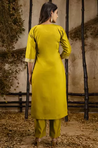 Viscose yellow festival wear embroidery work kurta set