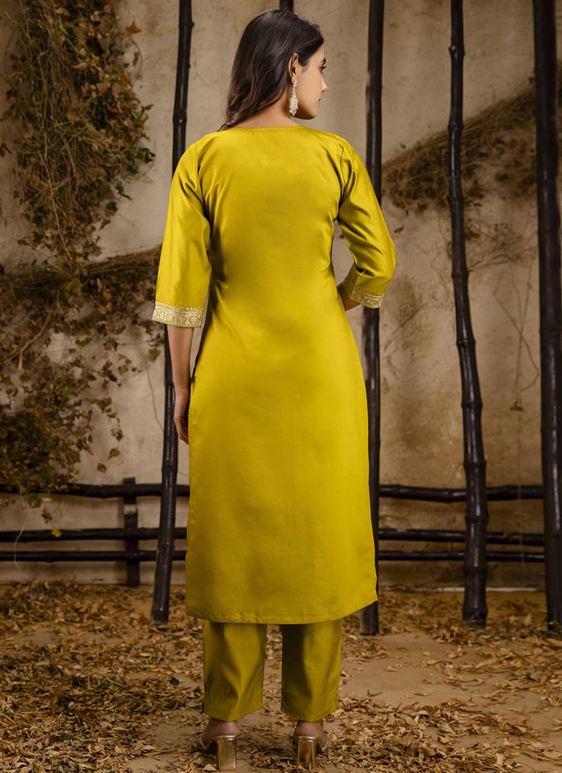 Viscose yellow festival wear embroidery work kurta set