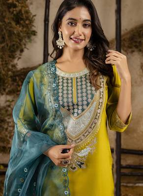 Viscose yellow festival wear embroidery work kurta set 3