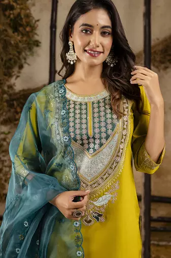Viscose yellow festival wear embroidery work kurta set