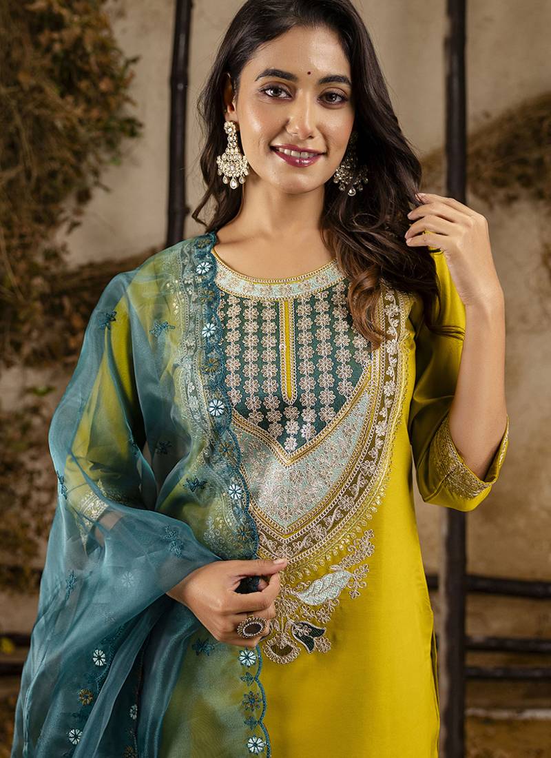 Viscose yellow festival wear embroidery work kurta set