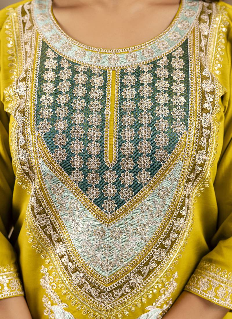 Viscose yellow festival wear embroidery work kurta set