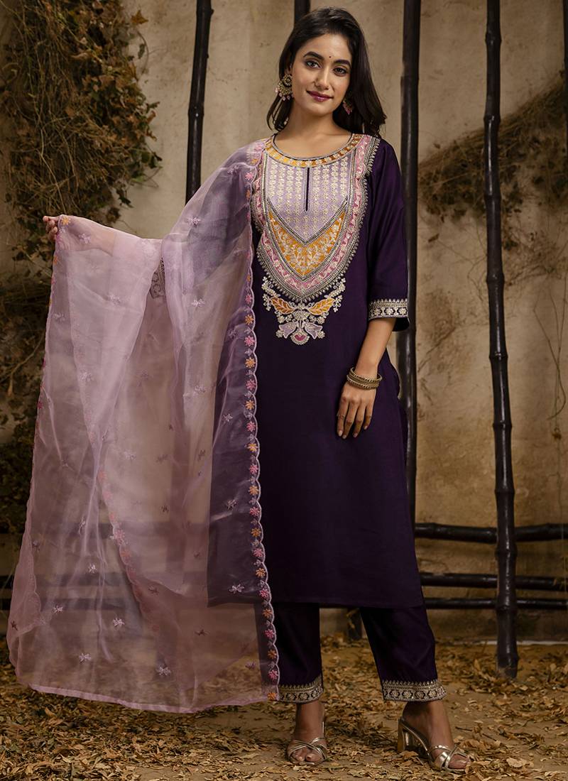 Viscose wine festival wear embroidery work kurta set