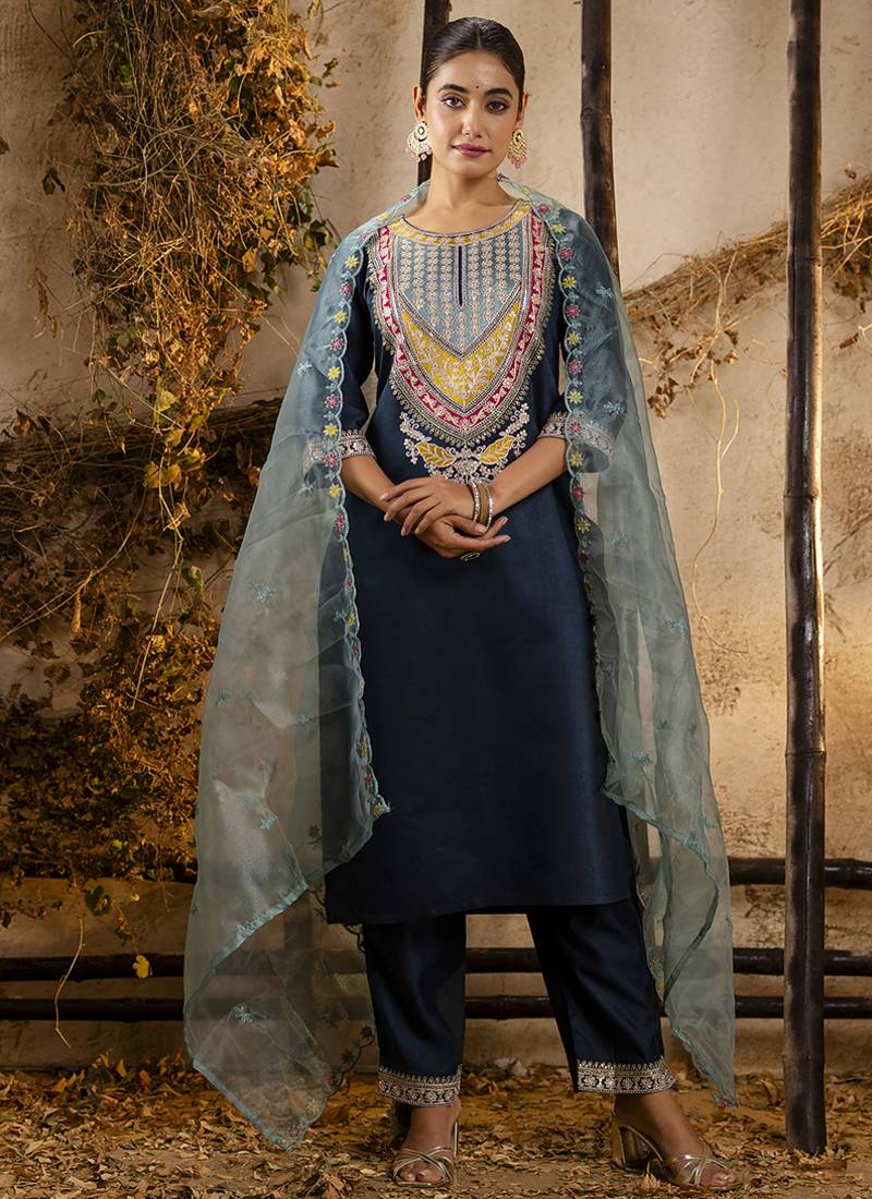 Viscose teal festival wear embroidery work kurta set