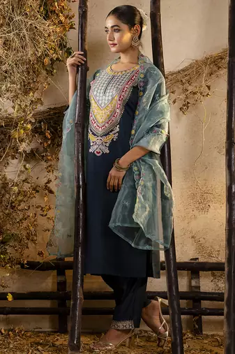 Viscose teal festival wear embroidery work kurta set