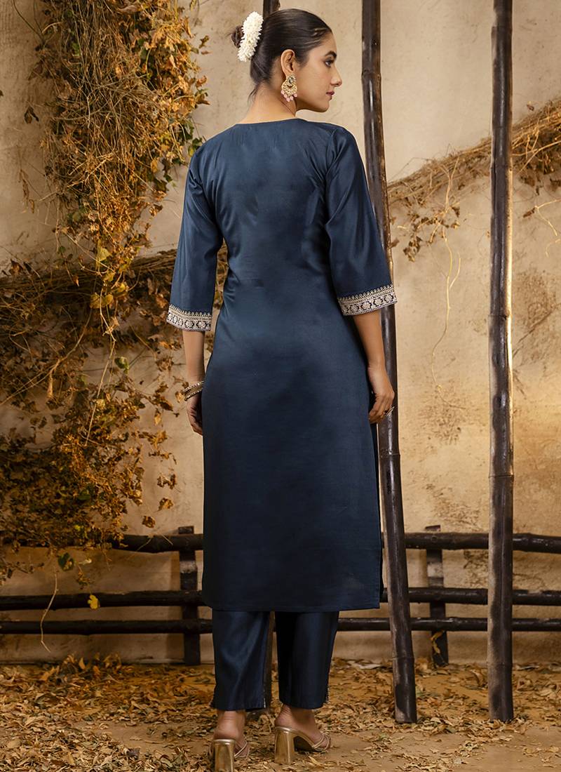 Viscose teal festival wear embroidery work kurta set