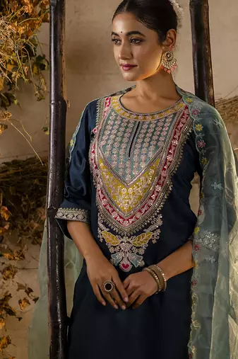 Viscose teal festival wear embroidery work kurta set