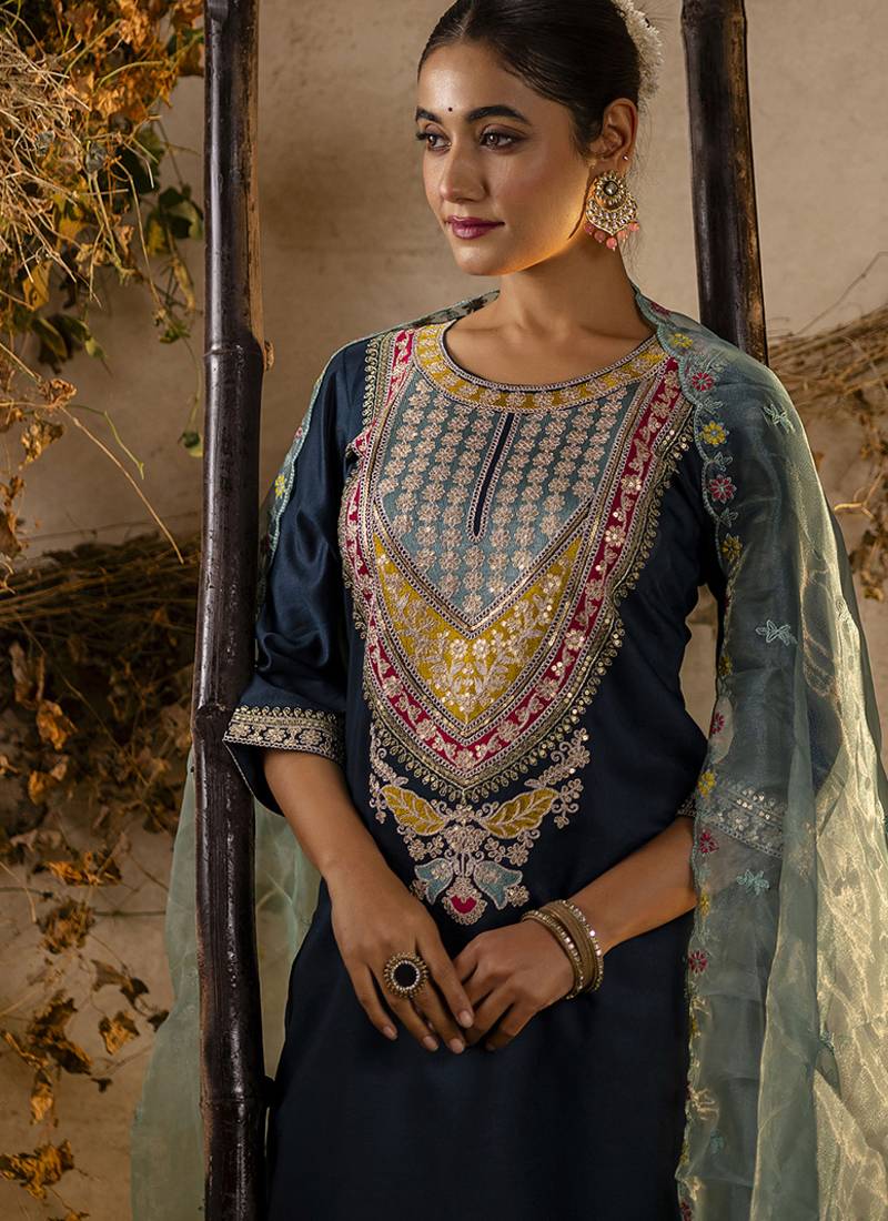 Viscose teal festival wear embroidery work kurta set