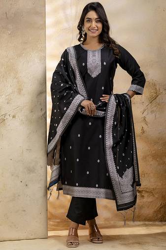 Cotton blend black party wear weaving work kurta set