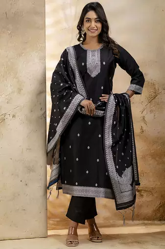 Cotton blend black party wear weaving work kurta set