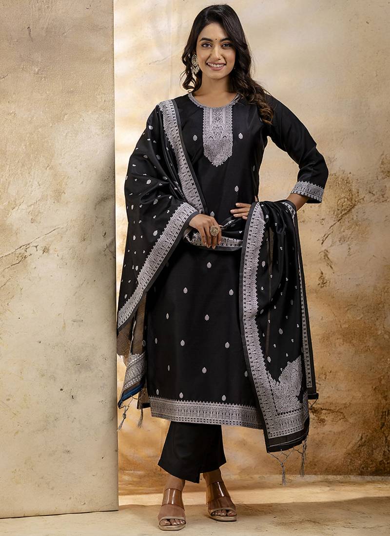 Cotton blend black party wear weaving work kurta set