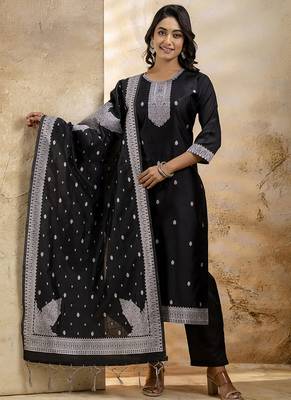 Cotton blend black party wear weaving work kurta set 2