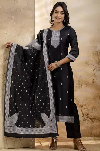 Cotton blend black party wear weaving work kurta set