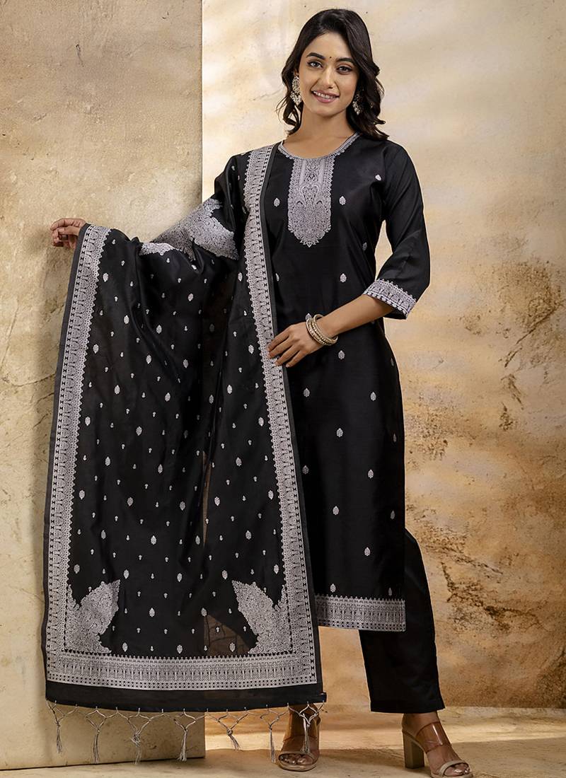 Cotton blend black party wear weaving work kurta set