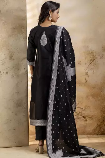 Cotton blend black party wear weaving work kurta set