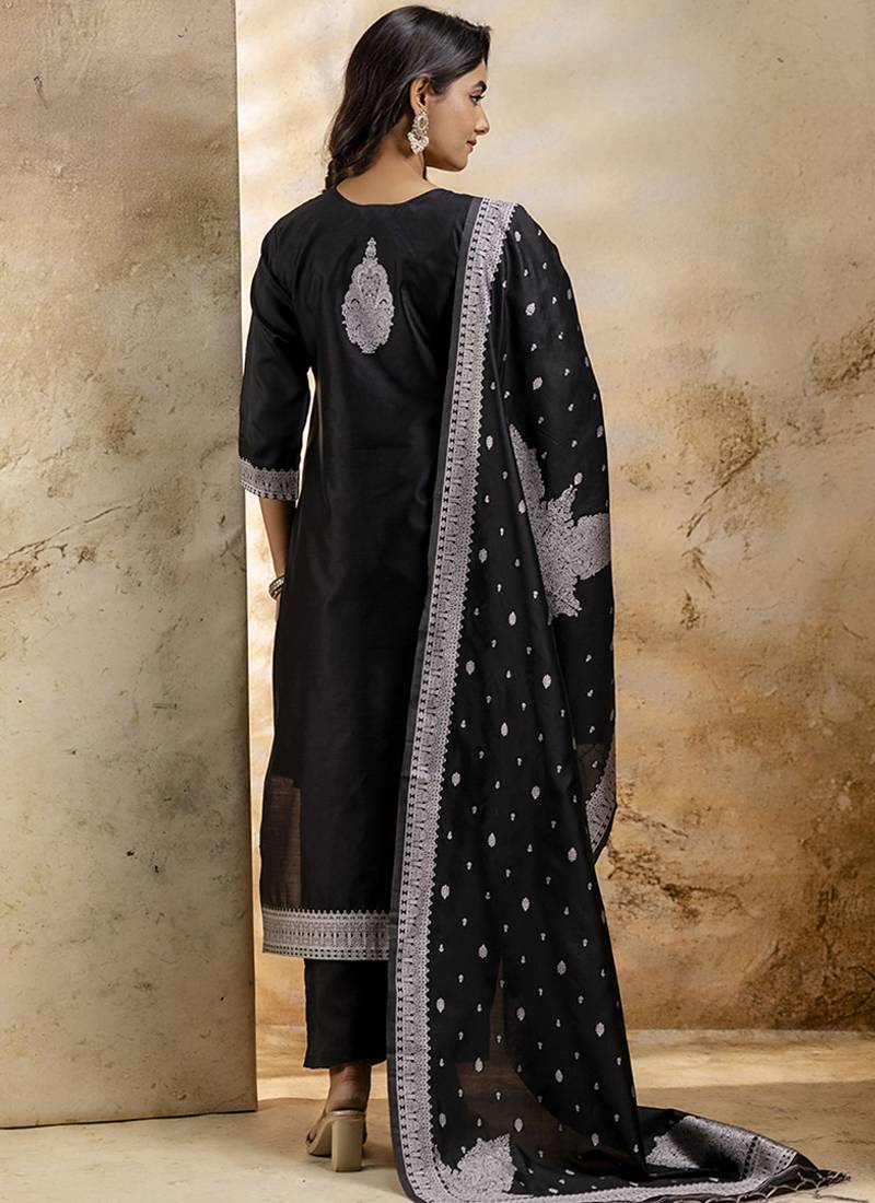 Cotton blend black party wear weaving work kurta set