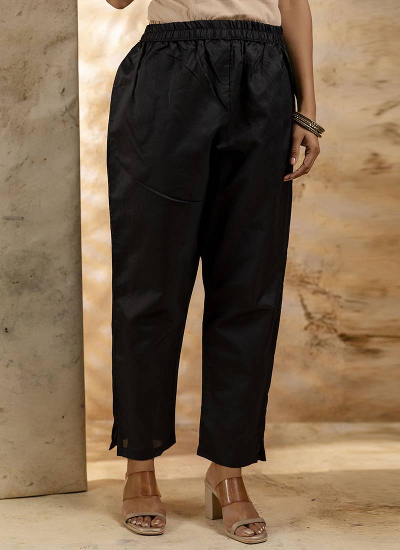 Cotton blend black party wear weaving work kurta set