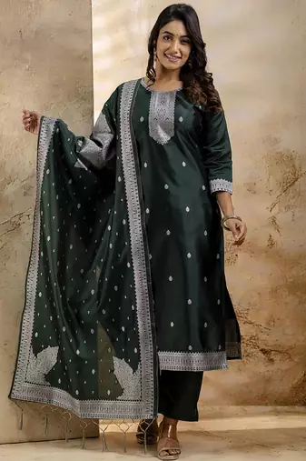 Cotton blend dark green party wear weaving work kurta set