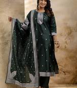Cotton blend dark green party wear weaving work kurta set